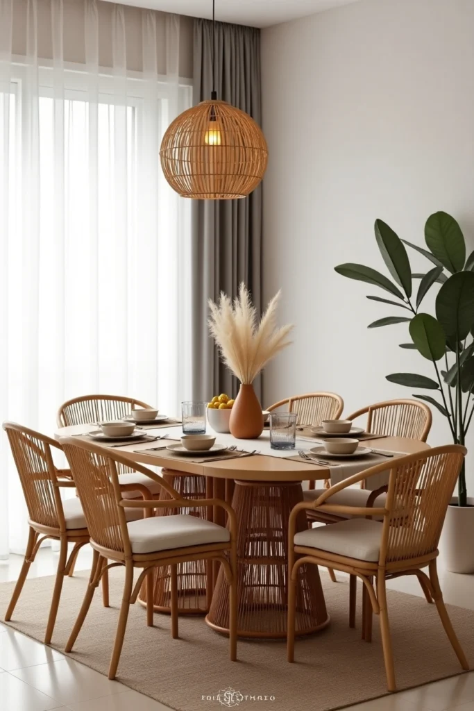 meuble en rotin table à manger ovale avec verre et chaises assorties