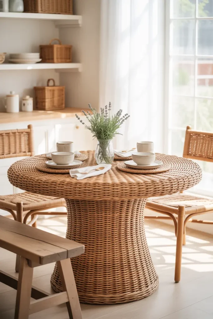meuble en rotin table ronde avec mix de sièges pour cuisine