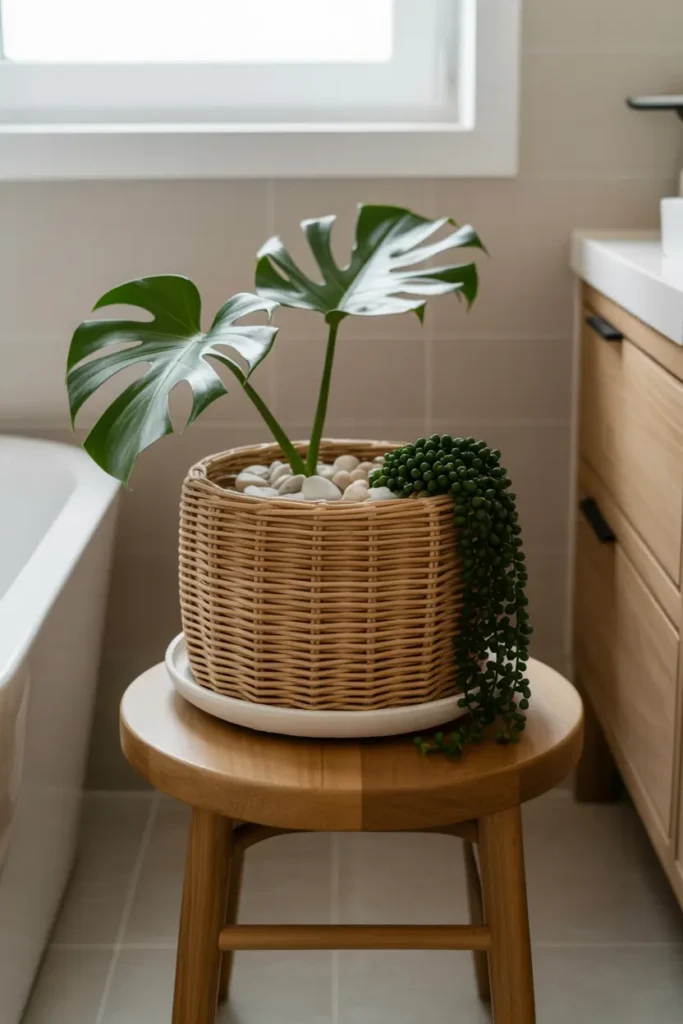 meuble en rotin jardinière spa avec jardin miniature