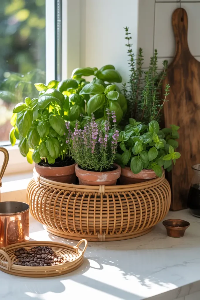 meuble en rotin jardinière cuisine avec herbes aromatiques