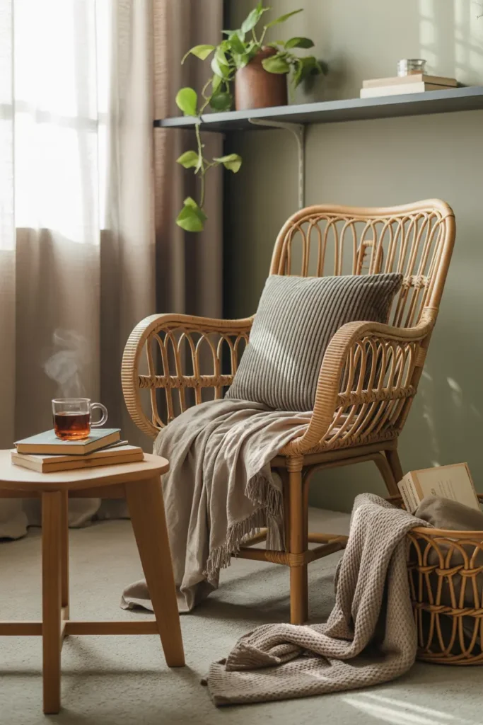 meuble en rotin chaise de lecture avec coussin velours et couverture