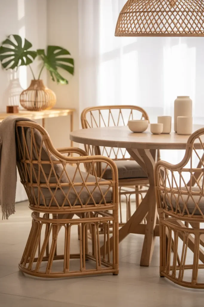meuble en rotin chaises de salle à manger avec tissus naturels