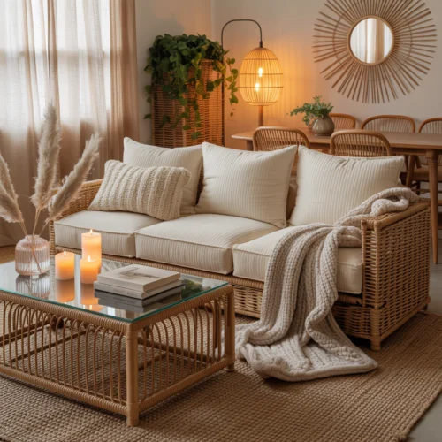 meuble en rotin canapé, table basse et miroir dans un salon décoré avec style