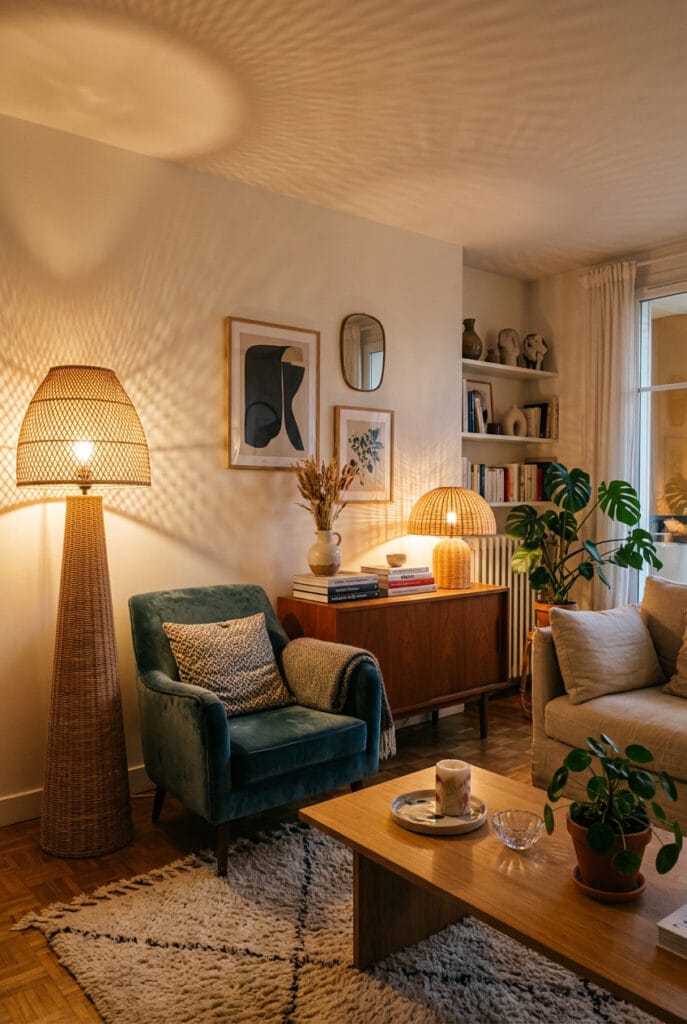 Composition décorative élégante avec plusieurs lampes en rotin à hauteurs variées créant un effet déco lumineux chaleureux et harmonieux