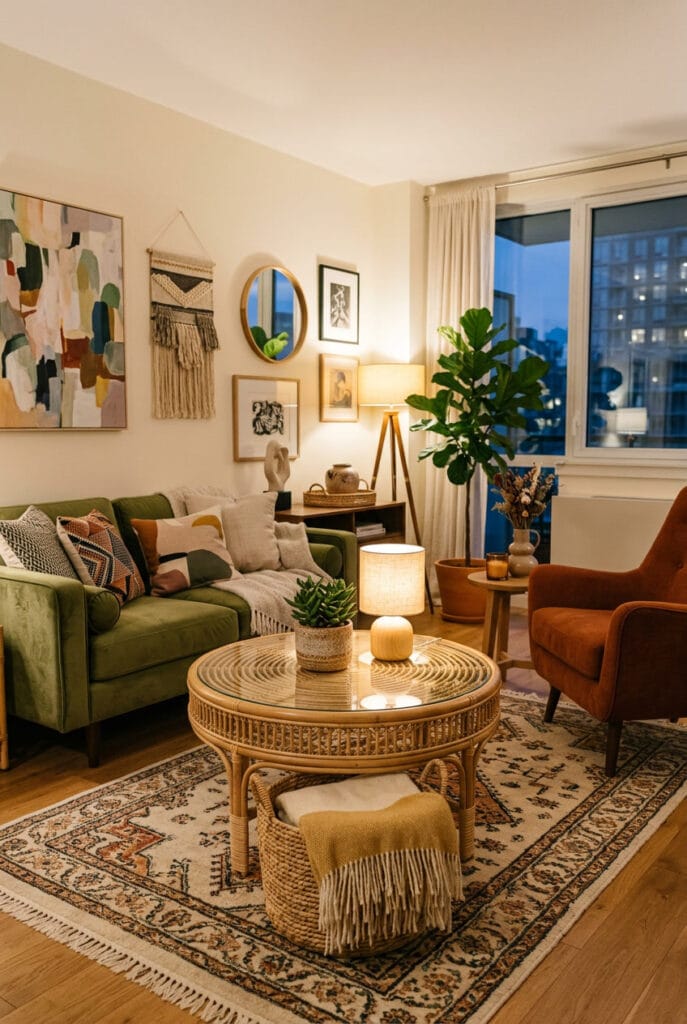 Table basse en rotin cocooning avec panier dessous, plante grasse sur le plateau et lampe à lumière chaude créant une ambiance douce et intimiste