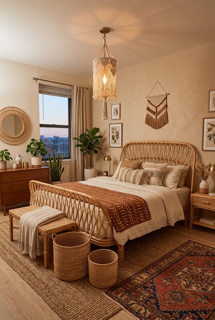 Lit en rotin apaisant aux courbes naturelles et aspect aérien créant une atmosphère zen et enveloppante dans une chambre cosy et sereine