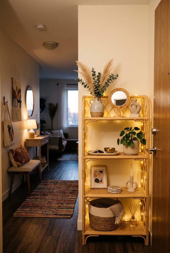 Étagère en rotin au design aérien et aspect naturel apportant une touche bohème chic et légère à un intérieur cosy et chaleureux