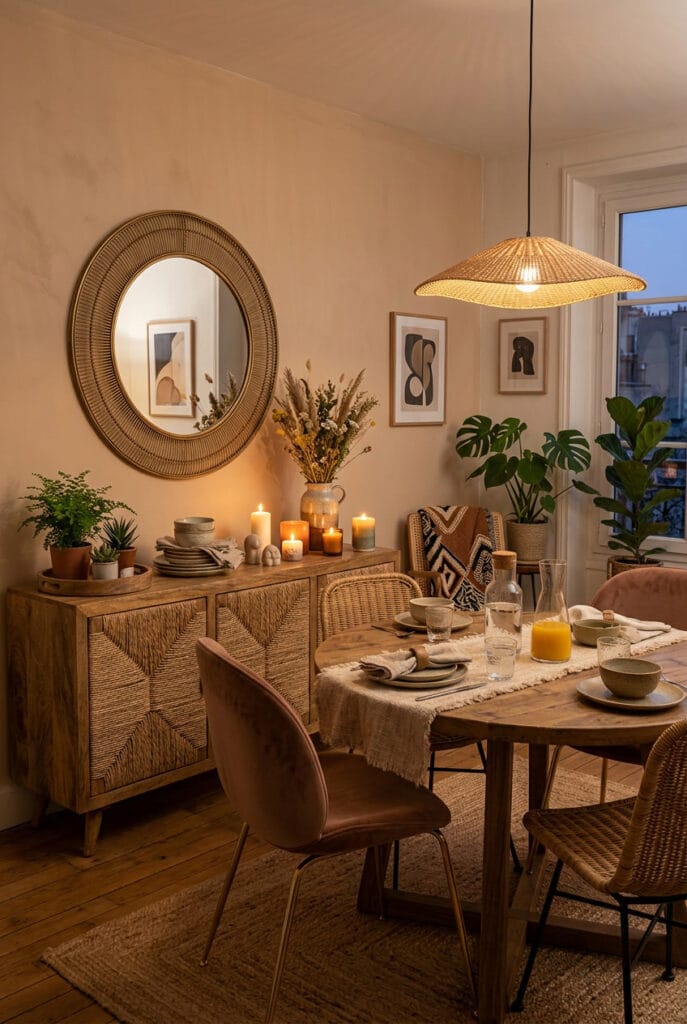 Buffet en rotin rustique aux finitions naturelles et aspect artisanal apportant caractère et charme authentique à un intérieur cosy et chaleureux