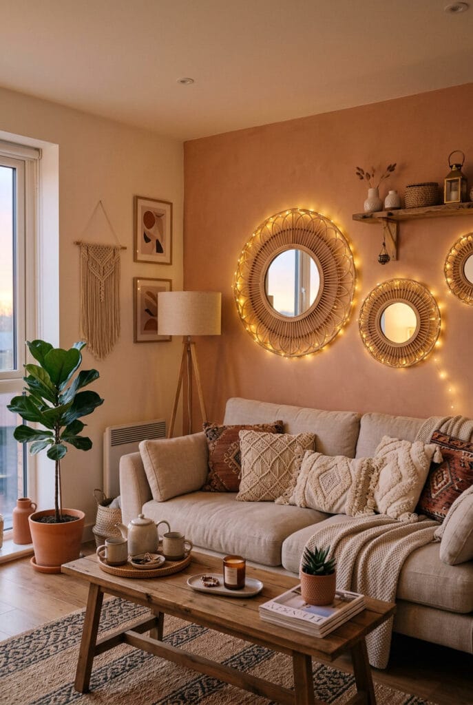 Miroir en rotin au cadre naturel tressé apportant une touche bohème et chaleureuse à une décoration cosy et authentique