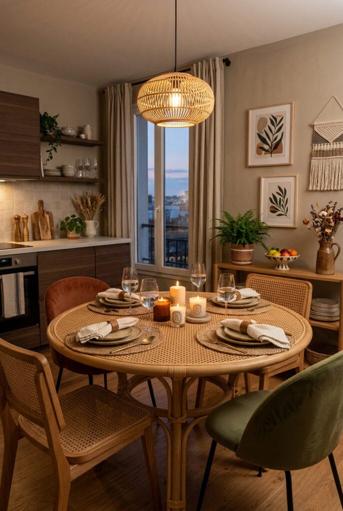 Table à manger en rotin cosy accessoirisée de sets en jute et serviettes coton bio éclairée de bougies parfumées pour une ambiance dîner aux chandelles chaleureuse