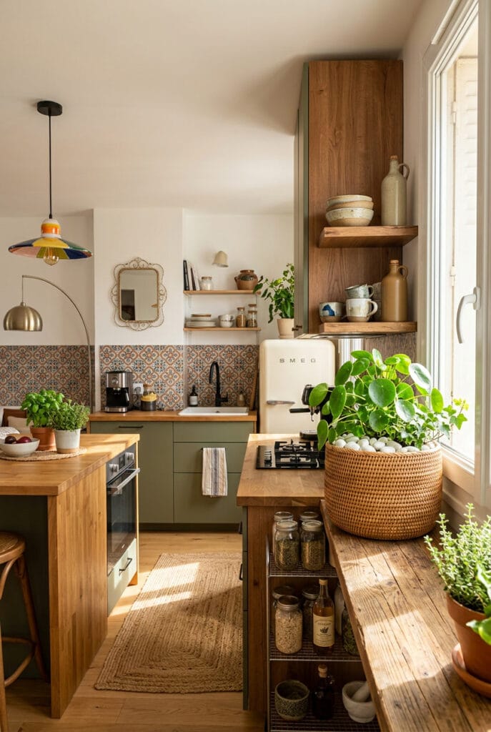 Jardinière en rotin cosy avec plantes vertes et galets blancs en surface créant un fini esthétique naturel et soigné dans un intérieur chaleureux