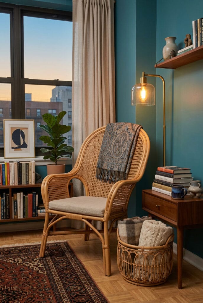 Chaise en rotin élégante aux courbes délicates et tissage raffiné apportant une touche d'élégance bohème chaleureuse à un intérieur cosy et naturel