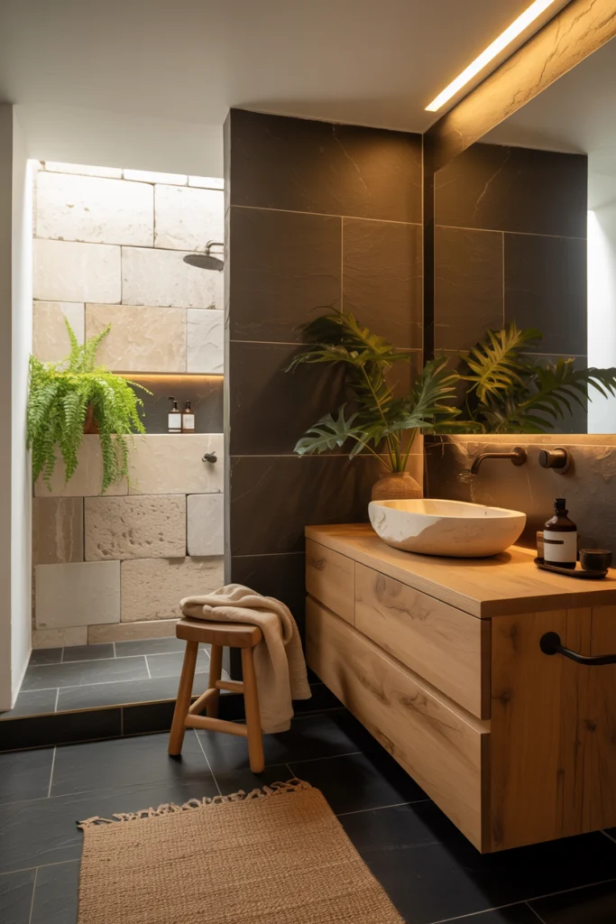 salle de bain naturelle avec vasque en chêne thermo-chauffé et carrelage ardoise