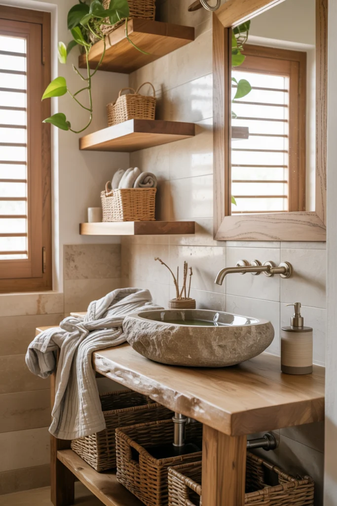 salle de bain naturelle avec étagères en teck et lavabo en pierre