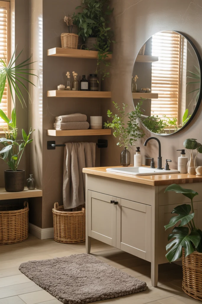 salle de bain naturelle tons taupe et vert forêt