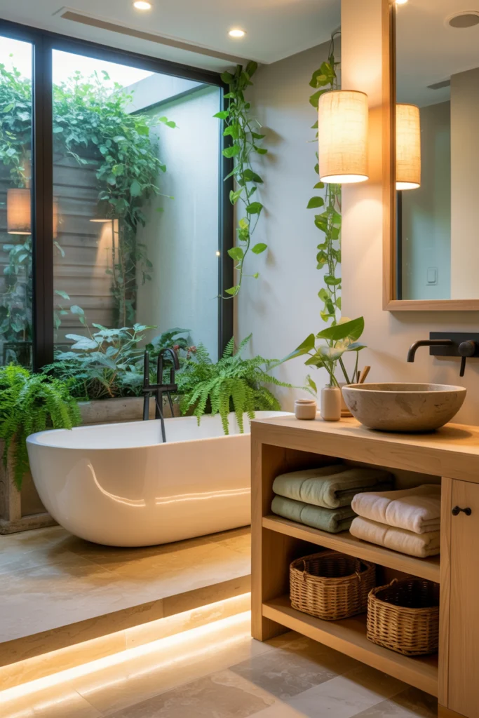 salle de bain naturelle avec baignoire, plantes et éclairage chaud