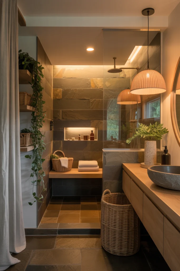 salle de bain naturelle avec douche walk-in et éclairage zen