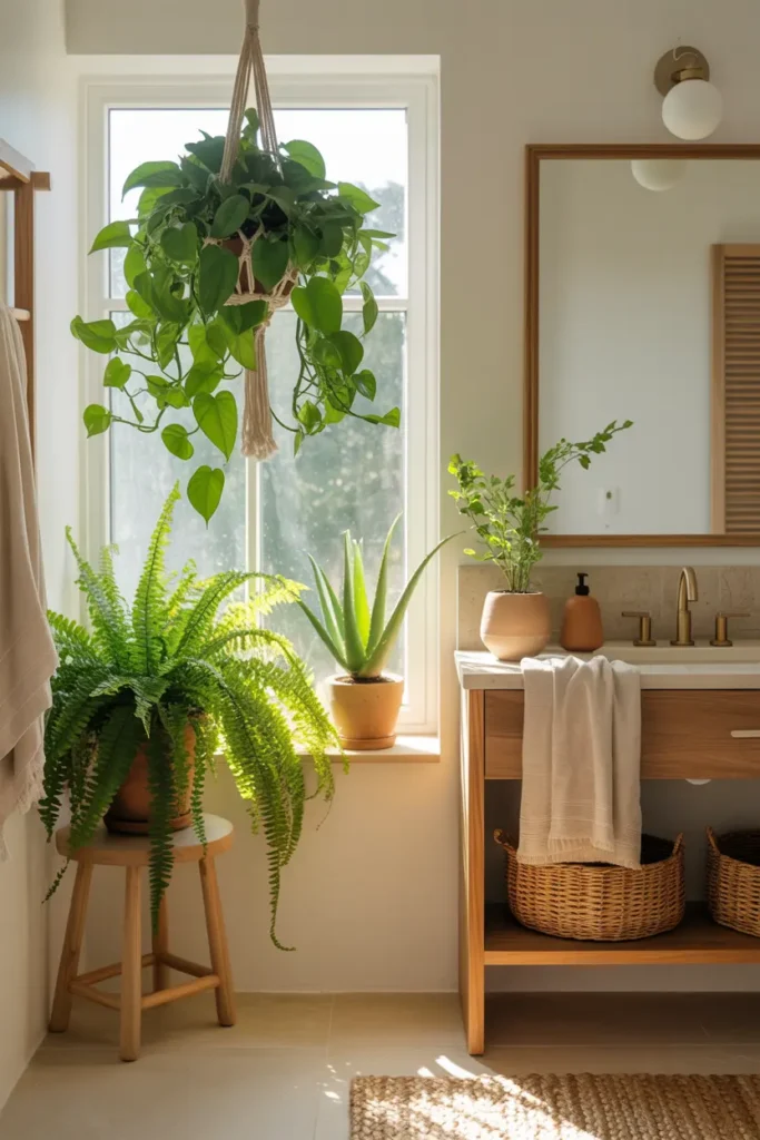 salle de bain naturelle avec plantes vertes et lumière naturelle
