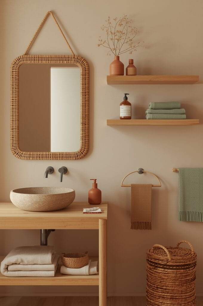 salle de bain naturelle avec accessoires rotin et céramique