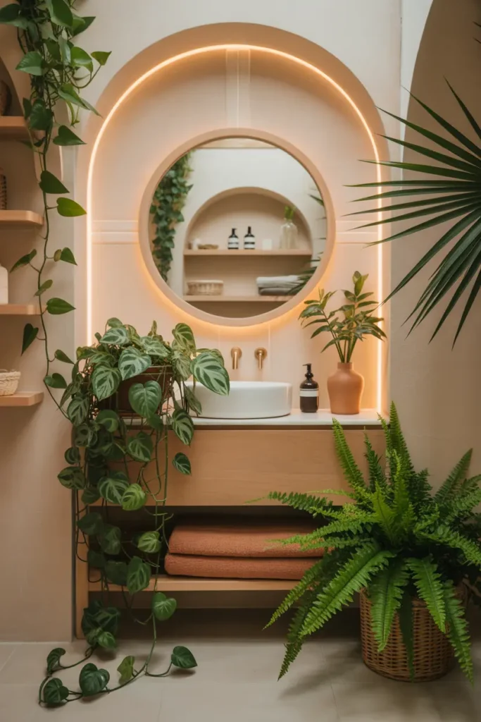 Salle de bain naturelle avec plantes tropicales Pothos, Fougère de Boston, Lierre et Zamioculcas
