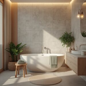 salle de bain naturelle avec baignoire libre, carrelage pierre, vasque bois, plantes vertes et éclairage chaud