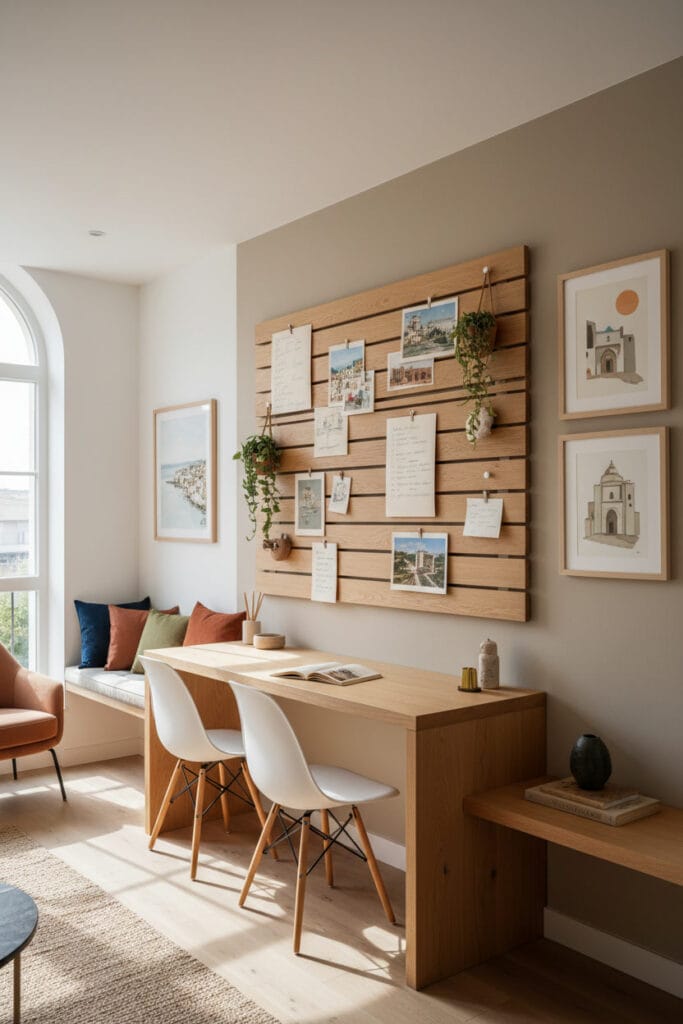 Tableau en tasseaux bois exposant notes et objets décoratifs dans un bureau organisé.