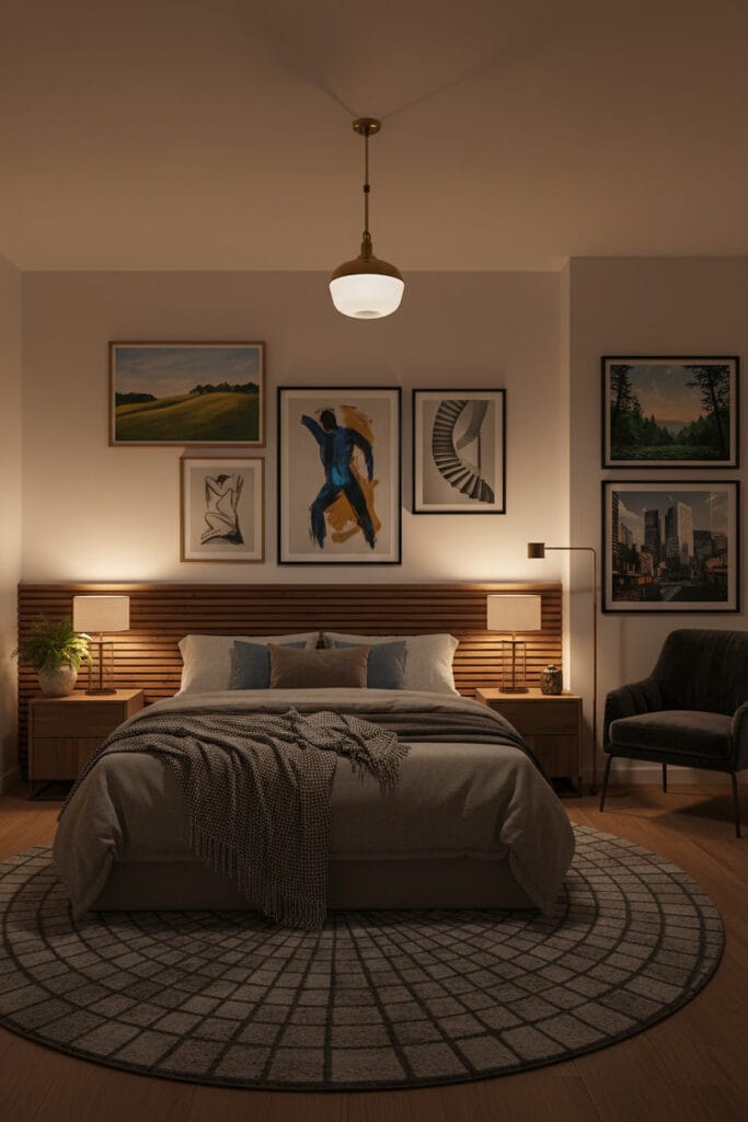 Chambre moderne et cosy avec tête de lit en tasseau bois.