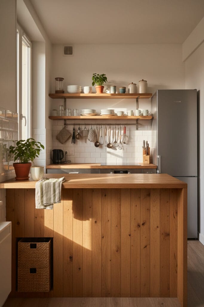 Plan de travail en tasseaux bois central dans une petite cuisine moderne et chaleureuse.