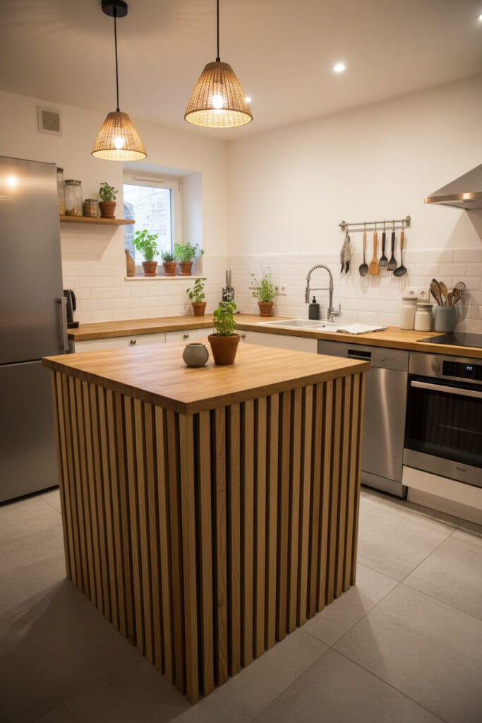 Plan de travail en tasseaux bois central dans une cuisine compacte, chaleureuse et stylée.
