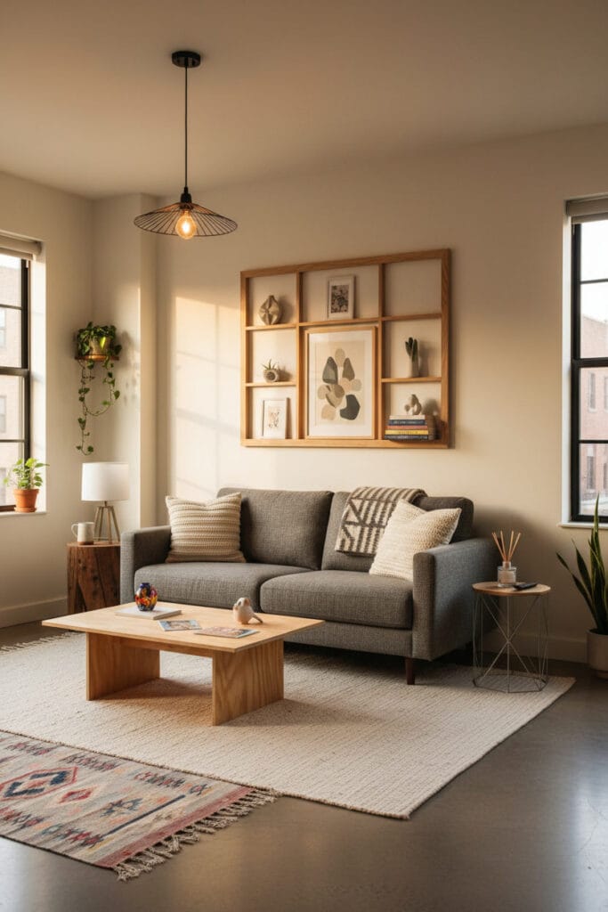 Cadre moyen en tasseaux bois dans un petit salon d’appartement, apportant harmonie et style artistique.