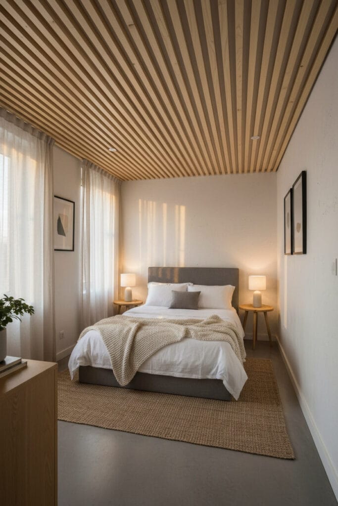 Plafond en tasseaux bois dans une petite chambre, apportant chaleur et structure à l’intérieur.