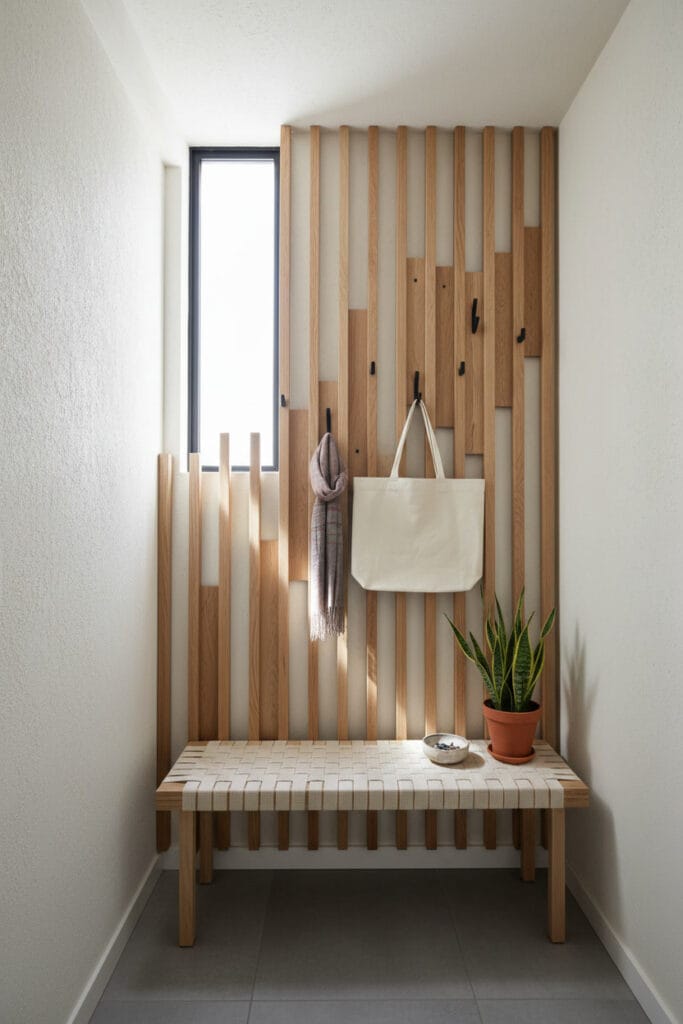 Porte-manteau en tasseaux bois dans une entrée Japandi, élégant et fonctionnel.