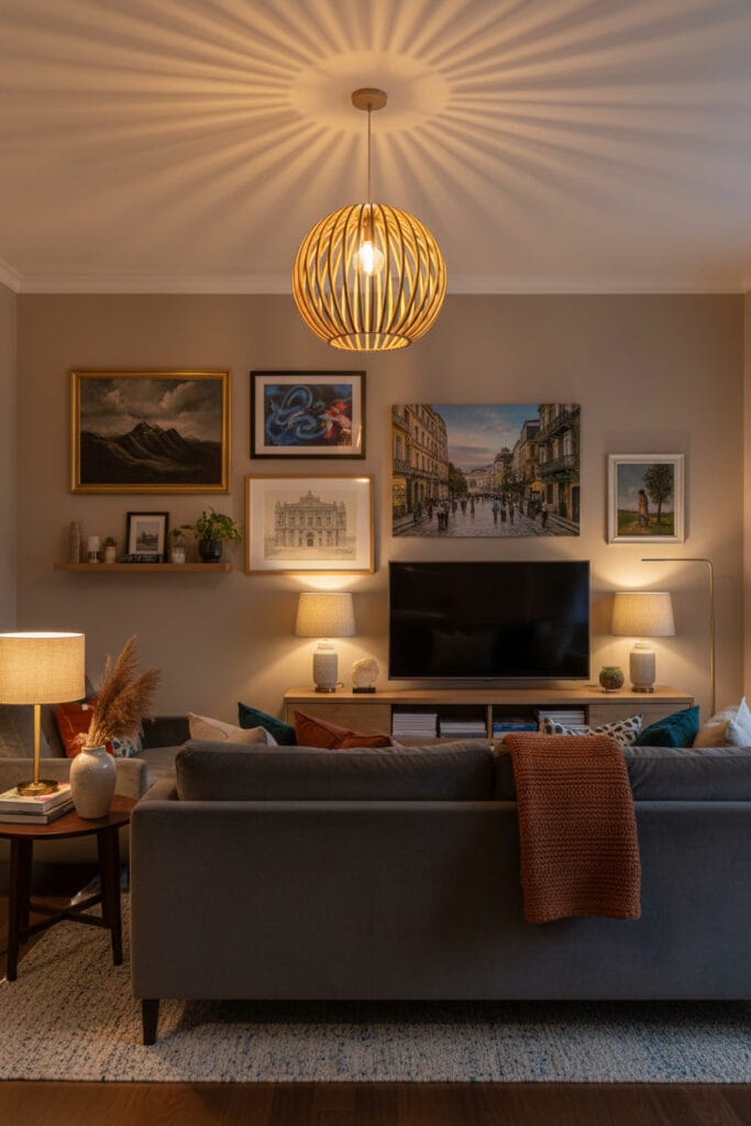 Salon moderne et cosy avec suspension en tasseau bois et décoration intérieure riche.