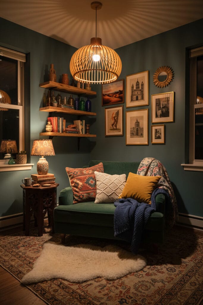 Coin lecture cosy avec suspension en tasseau bois et décoration intérieure variée.