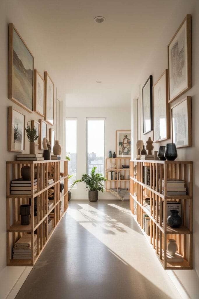 Couloir contemporain avec étagères légères en tasseau bois et décoration soignée.