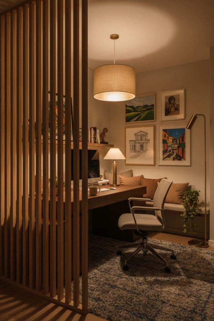 Bureau moderne séparé par un claustra en tasseau bois avec ambiance chaleureuse.