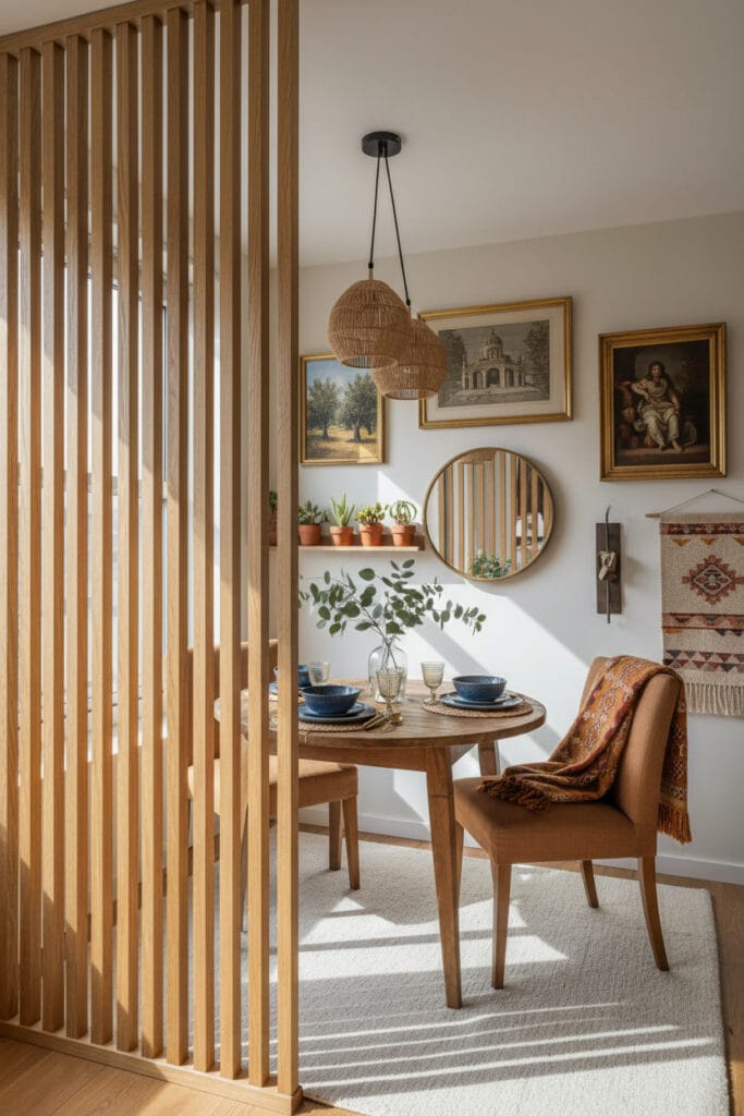 Coin repas dans un studio avec séparation en tasseau bois et décoration murale harmonieuse et proportionnée.