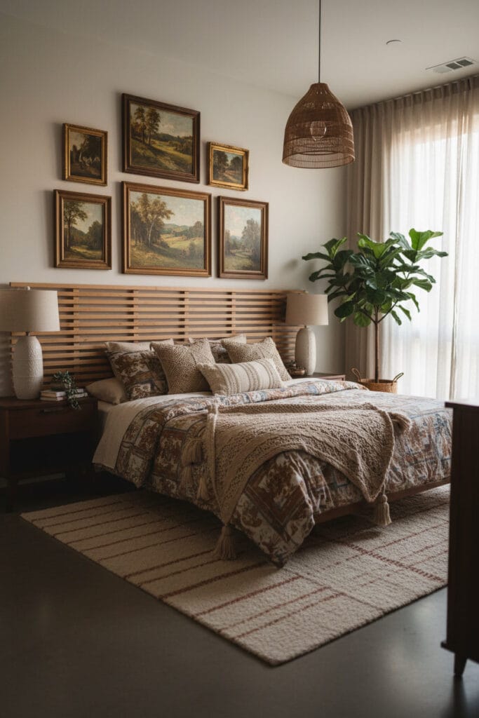 Chambre bohème cosy avec tête de lit en tasseau bois dans un intérieur chaleureux et élégant.