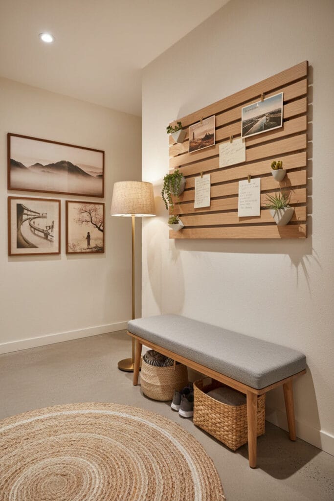 Tableau en tasseaux bois organisant notes et petits objets dans une entrée élégante.