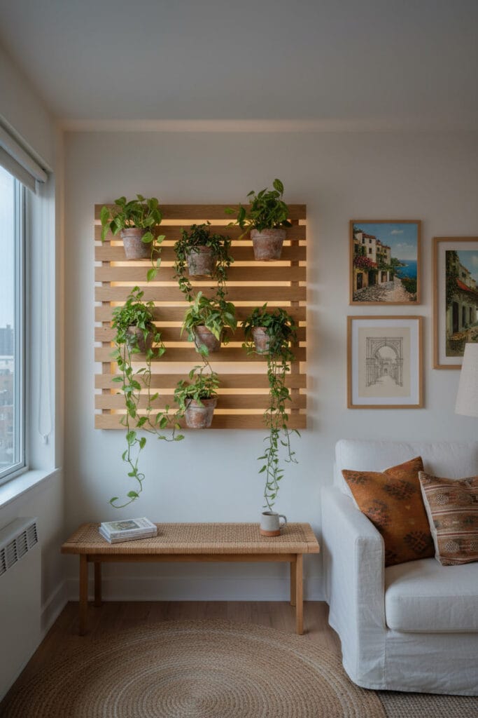 Supports en tasseaux bois pour plantes, apportant verdure et équilibre