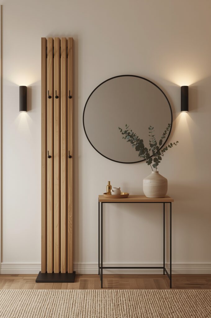 Porte-manteau design en tasseau bois avec patères noires dans une entrée cosy.