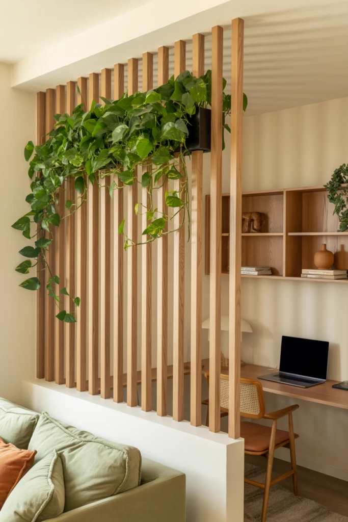 Séparateur de pièce ajouré en tasseau bois délimitant un espace bureau dans un studio moderne et cosy.
