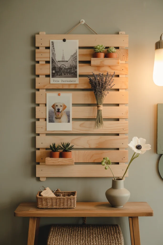 Tableau d'affichage naturel en tasseau bois avec photos et plantes dans une entrée cosy.