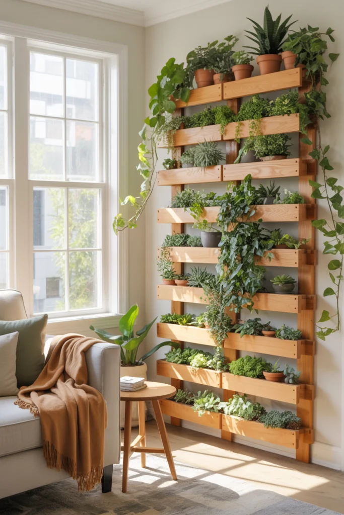 Jardin vertical en tasseau bois avec plantes retombantes près d'une fenêtre dans un salon cosy.