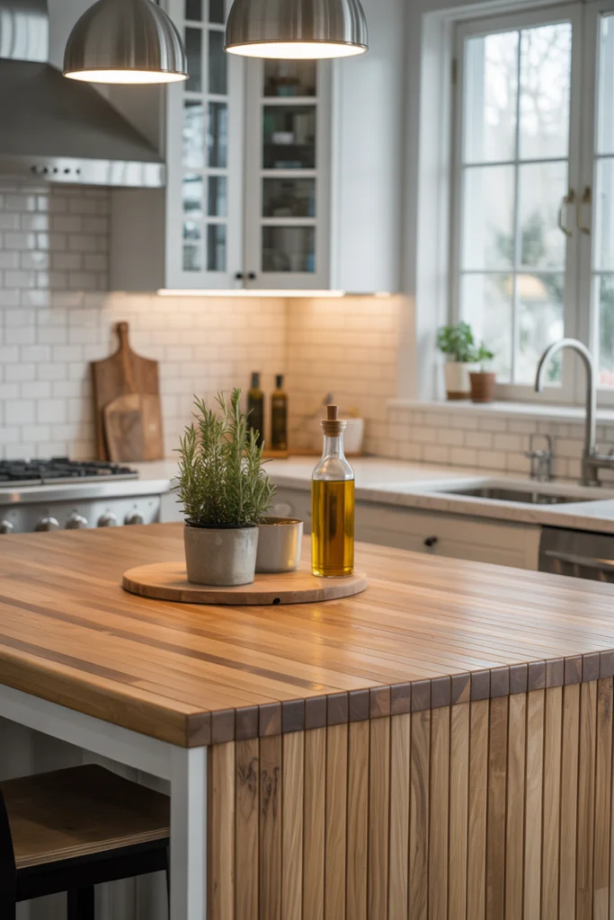 Plan de travail en tasseau bois sur îlot central avec crédence blanche dans une cuisine moderne et cosy.