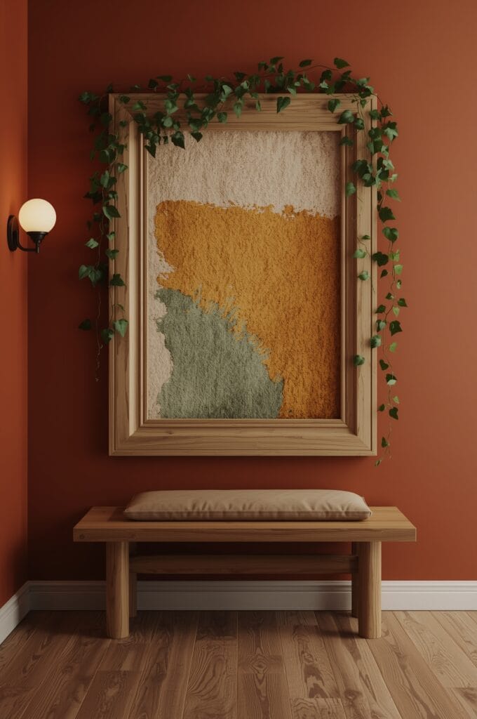 Cadre mural géant en tasseau bois avec tapisserie texturée et plantes grimpantes dans un couloir bohème chic.