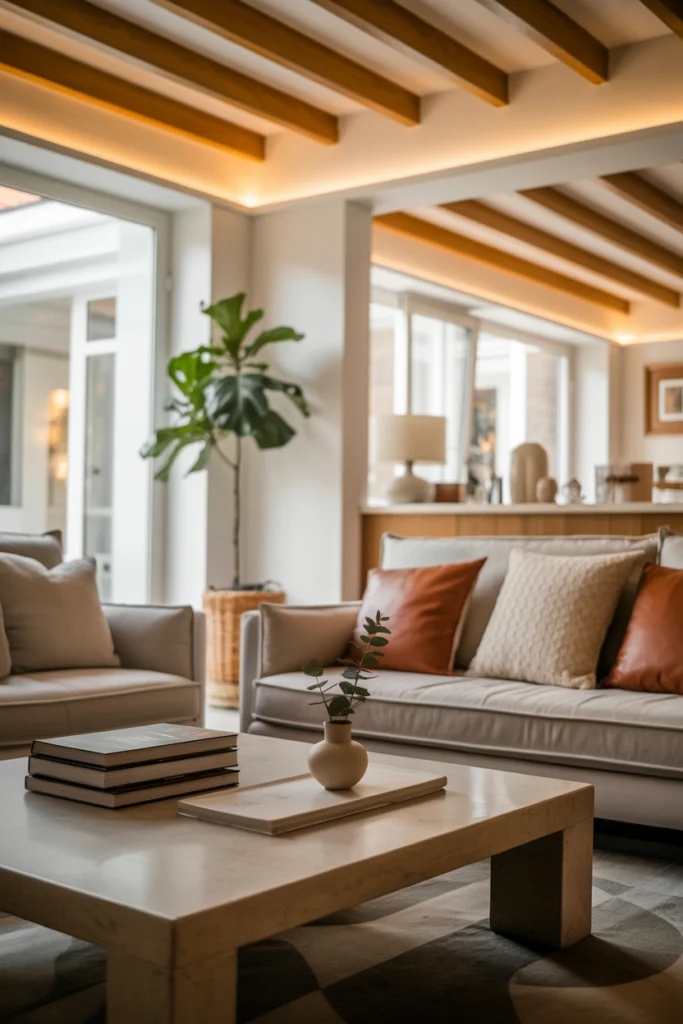 Plafond en tasseau bois avec éclairage LED intégré dans un salon cosy aux proportions harmonieuses