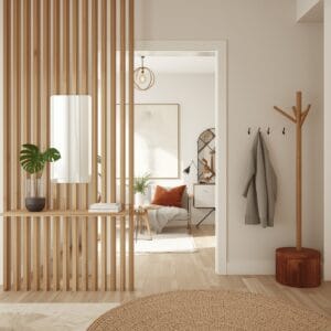 Déco intérieure moderne et cosy avec des créations en tasseau bois : étagère murale, séparateur de pièce ajouré, suspension lumineuse et porte-manteau design.