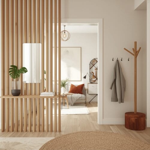 Déco intérieure moderne et cosy avec des créations en tasseau bois : étagère murale, séparateur de pièce ajouré, suspension lumineuse et porte-manteau design.