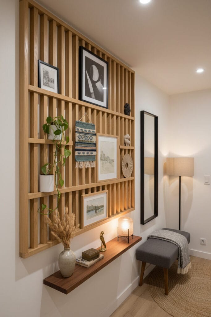 Cadre géant en tasseaux bois dans un petit couloir, apportant style et caractère à l’espace.
